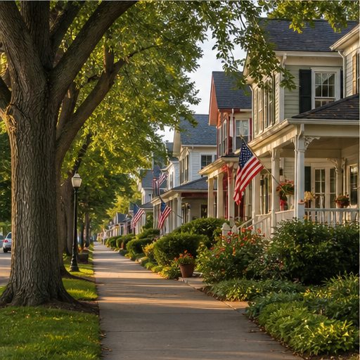 A leafy neighborhood street lined with homes and welcoming porches